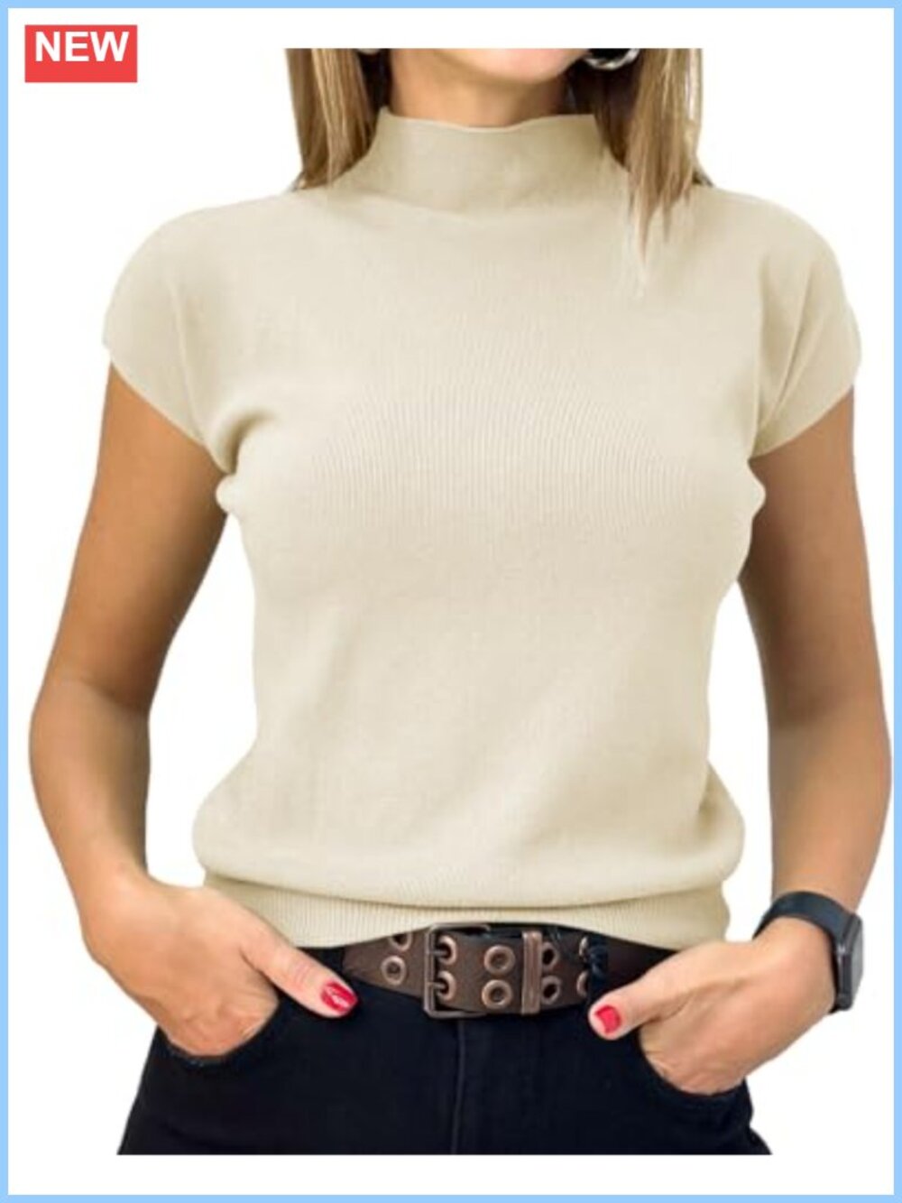 Womens Short Sleeve Mock Neck Sweater Ribbed Knit Pullover Top